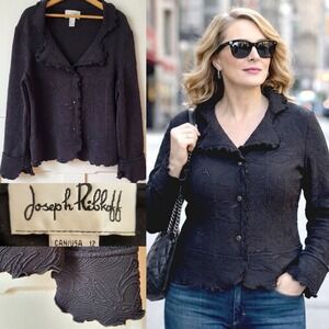 Joseph Ribkoff Black Textured Shirt Jacket Ruffled Edge Size 12 Made in Canada